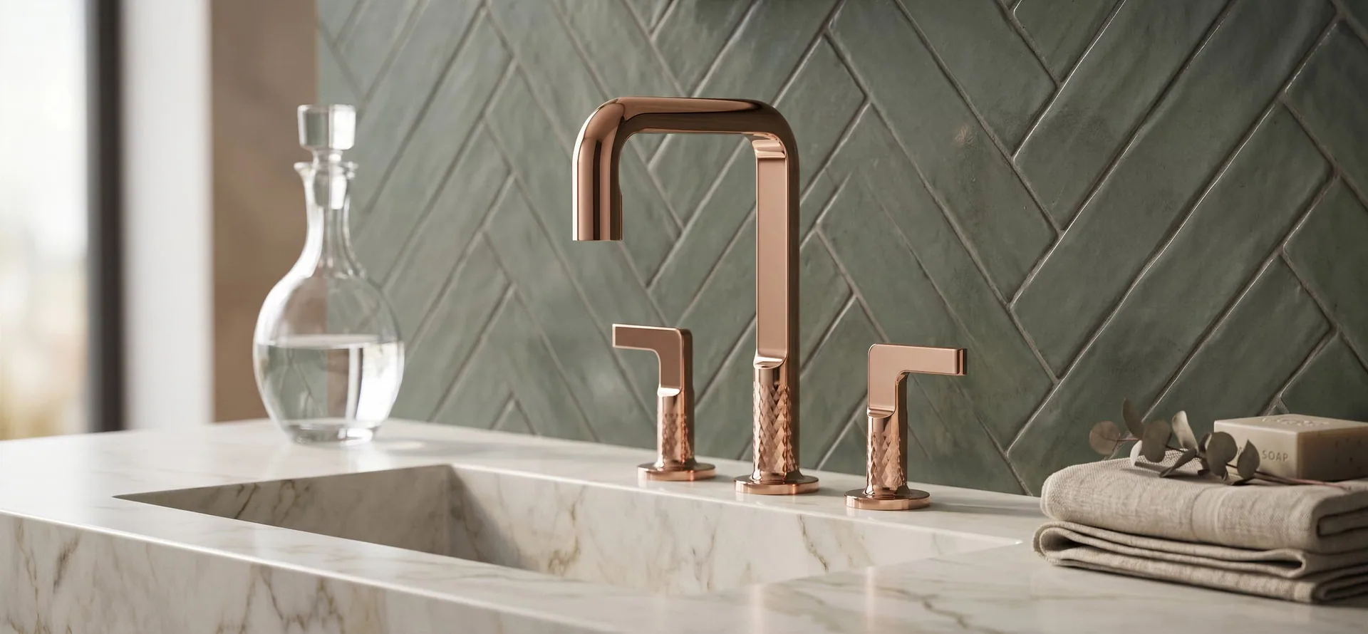 Bella QV widespread mixer in shiny rose gold against green herringbone tile